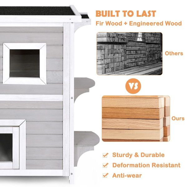 2-Story Wooden Cat House with Opening Asphalt Roof for Cats