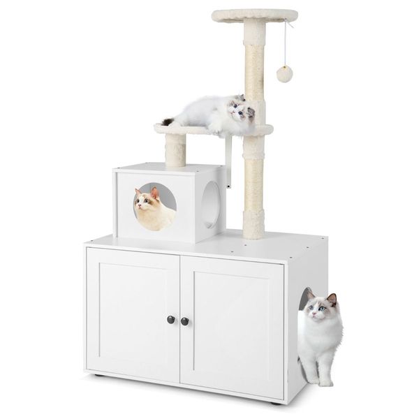 2-in-1 Cat Tree with Litter Box Enclosure & Sisal Scratching Posts