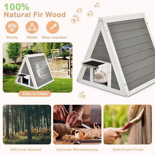 Indoor Outdoor Triangle Wooden Cat House Kitten Shelter for Small Medium Animals