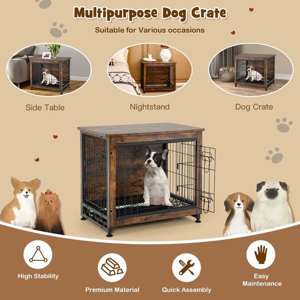 Dual Use Wooden Dog Crate with Double Doors & Removable Tray