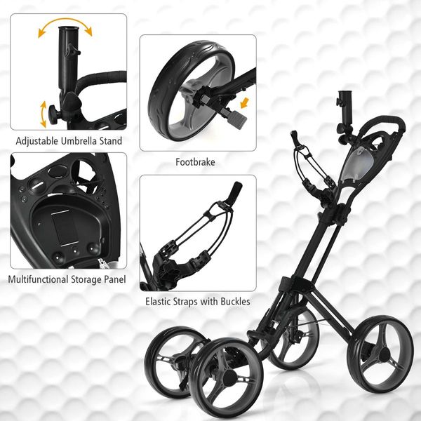 4 Wheels Aluminum Golf Push Pull Cart With Adjustable Umbrella Holder for Outdoor Use