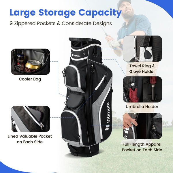 Golf Cart Bag with 14 Way Top Dividers & 9 Pockets & Cooler Bag