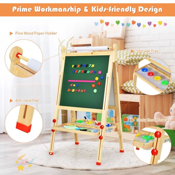 Art Easel with Paper Roll and Double-Sided Adjustable Drawing Easel Board for Kids