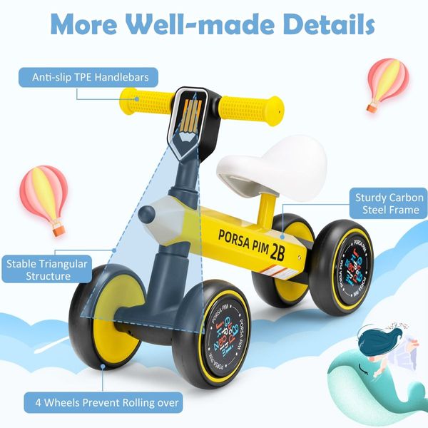 Baby Balance Bike with 4 Silent EVA Wheels for 10-24 Months Old