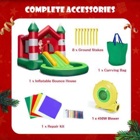 Christmas Themed Inflatable Bounce House with Slide & Trampoline (with Blower)