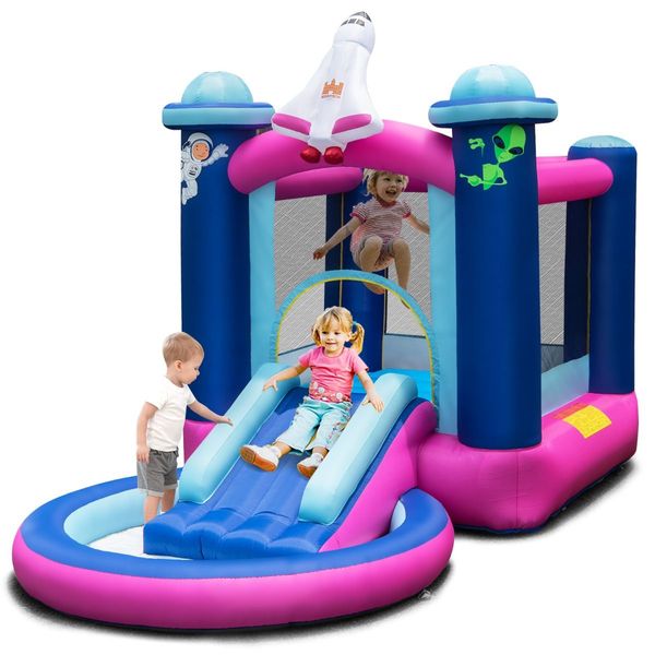 Kids 3-in-1 Inflatable Space-themed Bounce House with Jumping Area & Slide (without Blower)