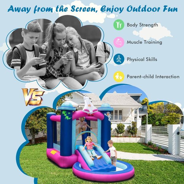 Kids 3-in-1 Inflatable Space-themed Bounce House with Jumping Area & Slide (without Blower)