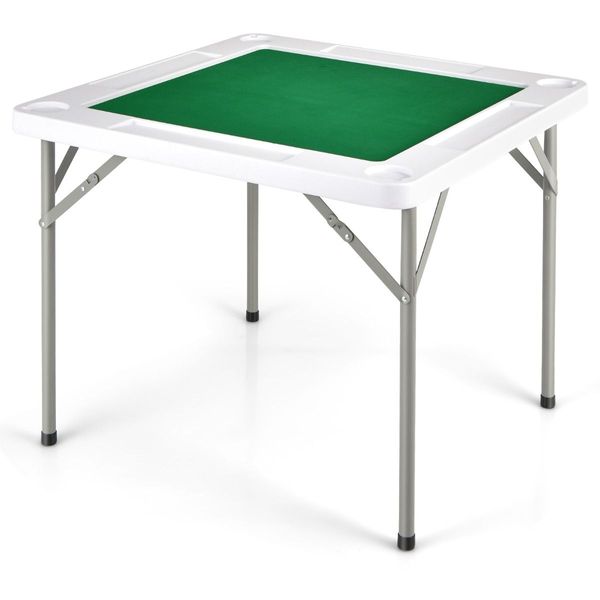 Folding Mahjong Table with 4 Cup Holders & 4 Chip Grooves for Activities