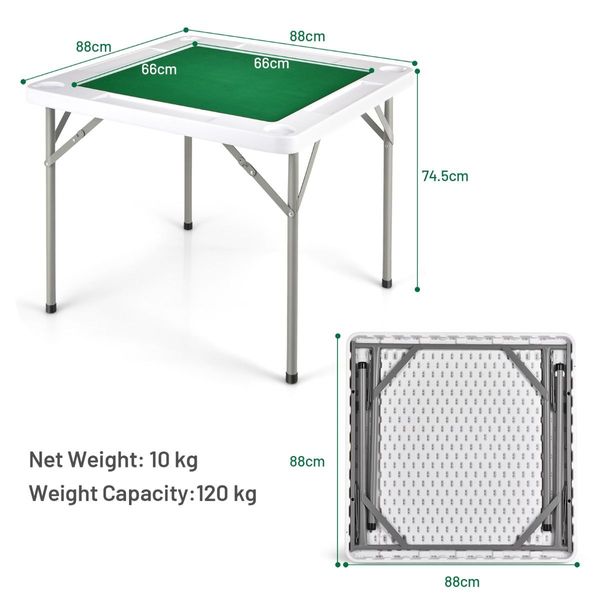 Folding Mahjong Table with 4 Cup Holders & 4 Chip Grooves for Activities