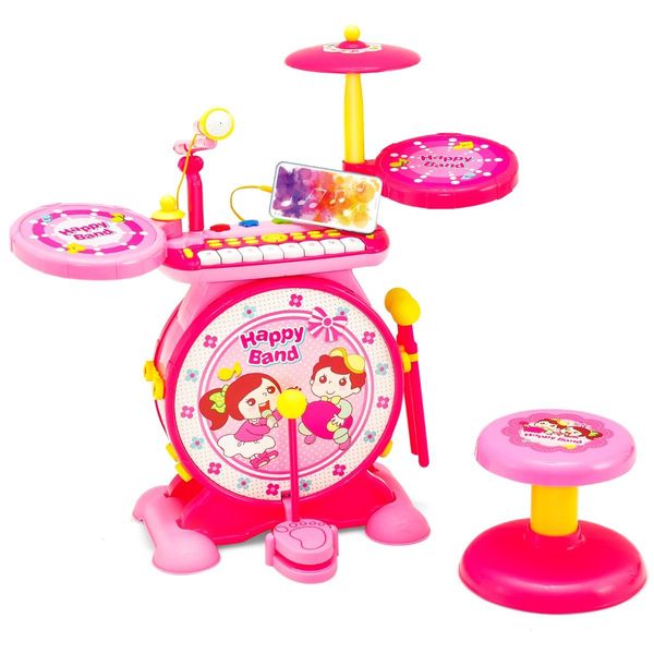 2-in-1 Kids Electronic Drum Kit Toy with Keyboard & Microphone