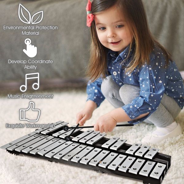 30 Note Glockenspiel Xylophone with Wood Base and Metal Keys for Kids