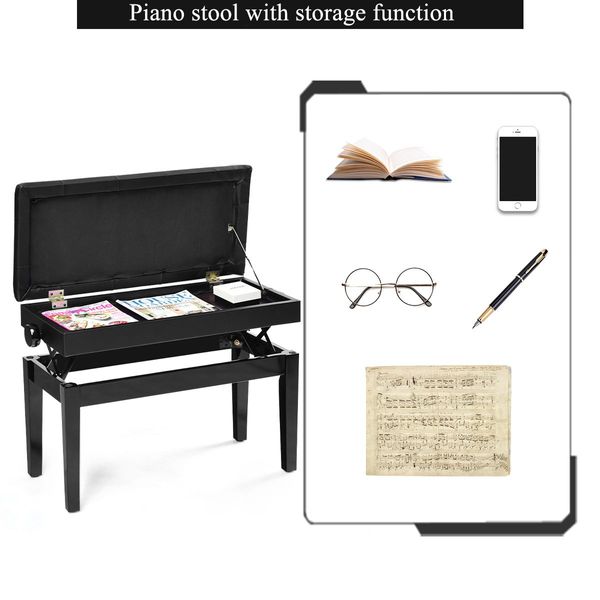 Height-adjustable Piano Bench with Double Seat for 2 People