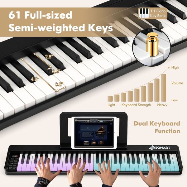 61-Key Folding Piano Keyboard with Full Size Keys & Music Stand