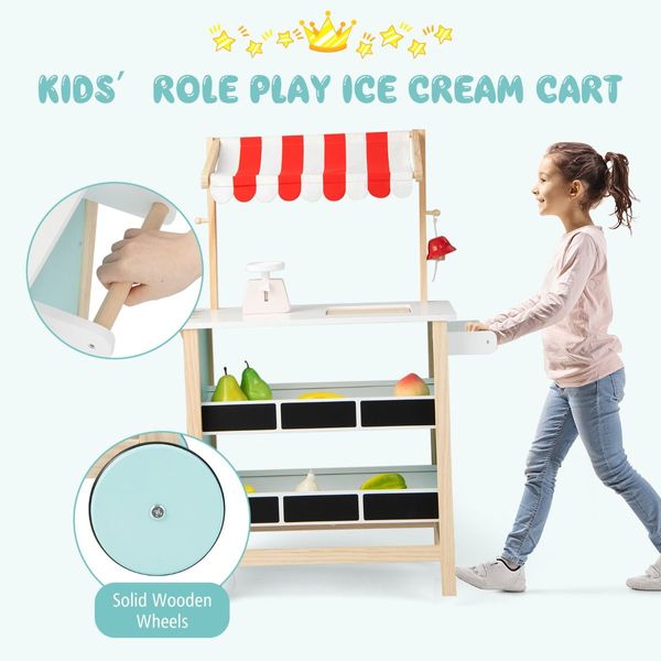 Kids Wooden Ice Cream Cart with Chalkboard & Storage