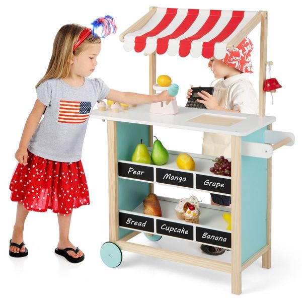 Kids Wooden Ice Cream Cart with Chalkboard & Storage