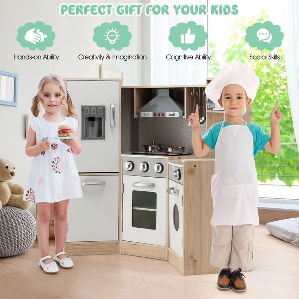 Wooden Pretend Corner Playset with Cookware Accessories for Kids