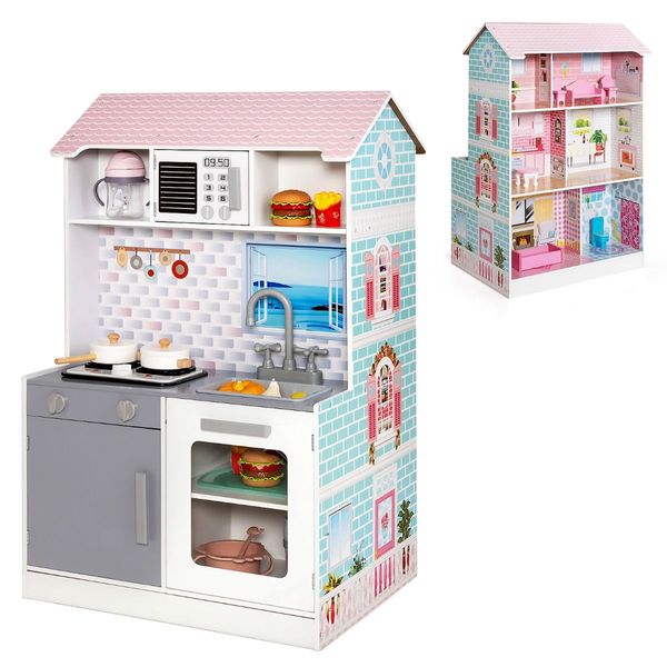 2 in 1 Wooden Doll House and Play Kitchen with Accessories