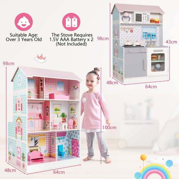 2 in 1 Wooden Doll House and Play Kitchen with Accessories