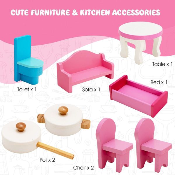 2 in 1 Wooden Doll House and Play Kitchen with Accessories