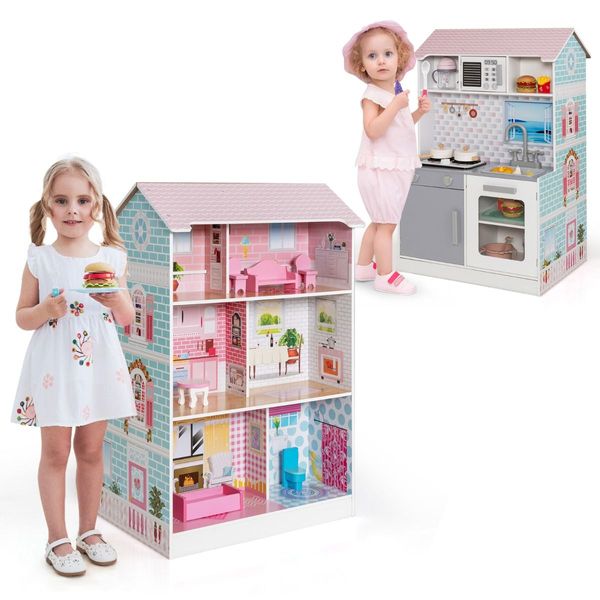 2 in 1 Wooden Doll House and Play Kitchen with Accessories