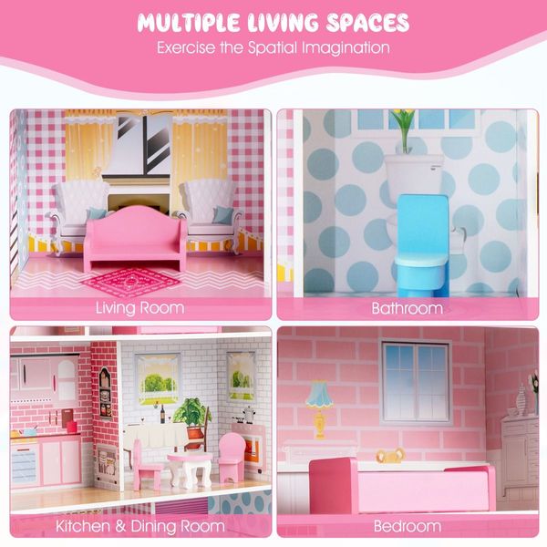 2 in 1 Wooden Doll House and Play Kitchen with Accessories