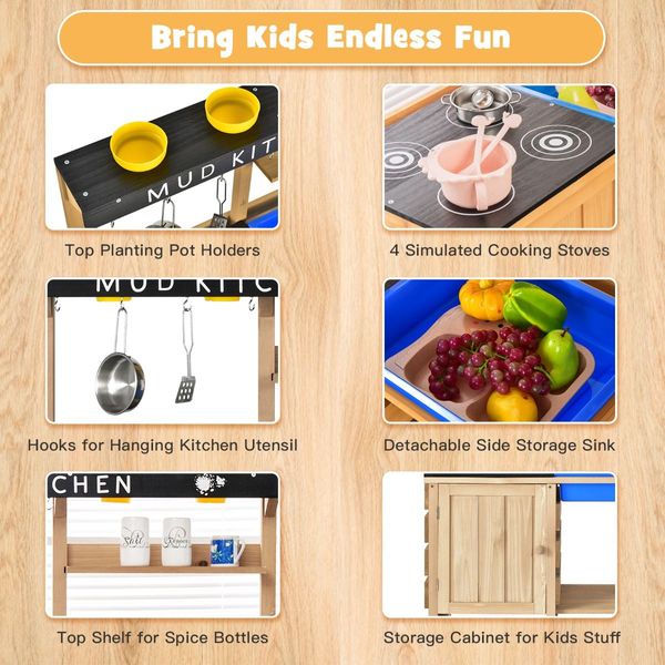 Wood Outdoor Kids Play Kitchen Toy with Well-Stocked Kitchen Accessories for Kids