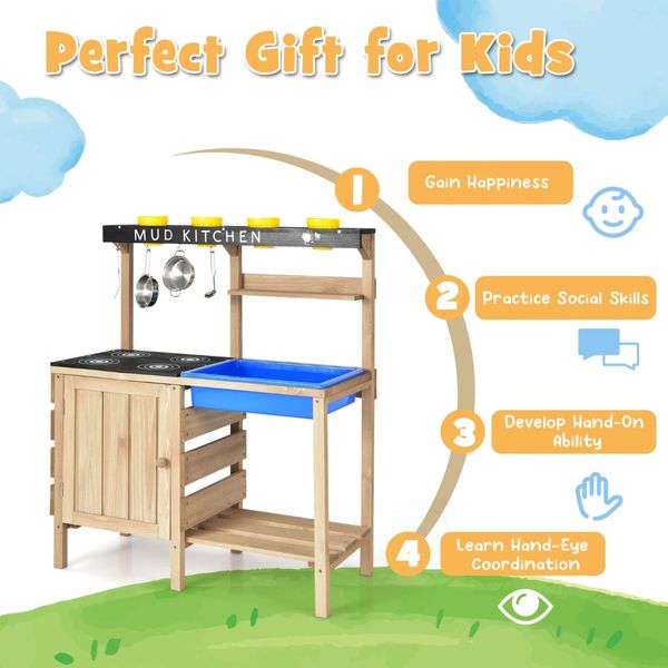 Wood Outdoor Kids Play Kitchen Toy with Well-Stocked Kitchen Accessories for Kids