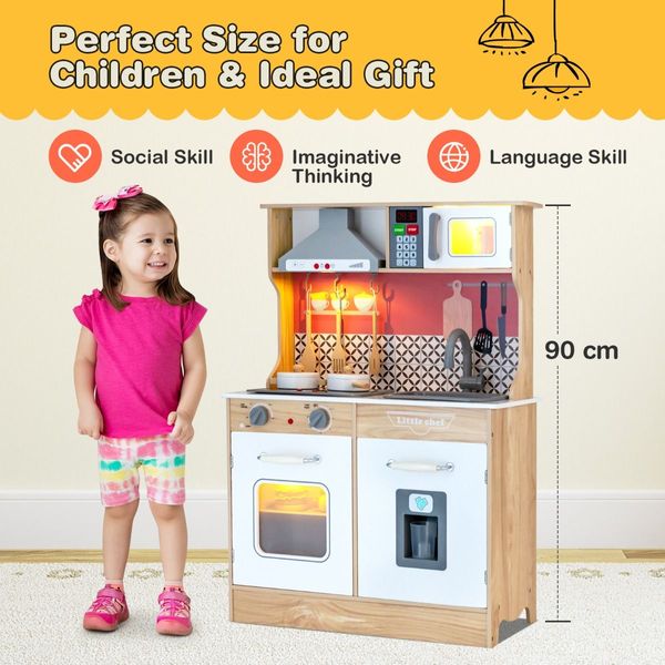 Wooden Kids Kitchen Set with Pots & Utensils & Range Hood