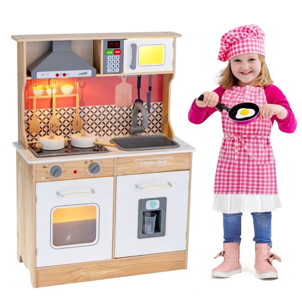 Wooden Kids Kitchen Set with Pots & Utensils & Range Hood