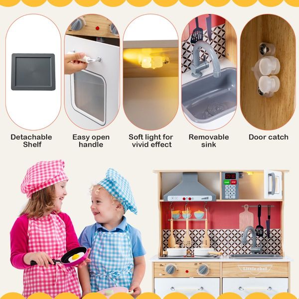 Wooden Kids Kitchen Set with Pots & Utensils & Range Hood