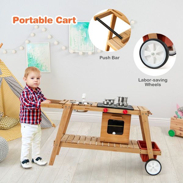 Outdoor Cooking Set Pretend Trolley wIth Removable Umbrella