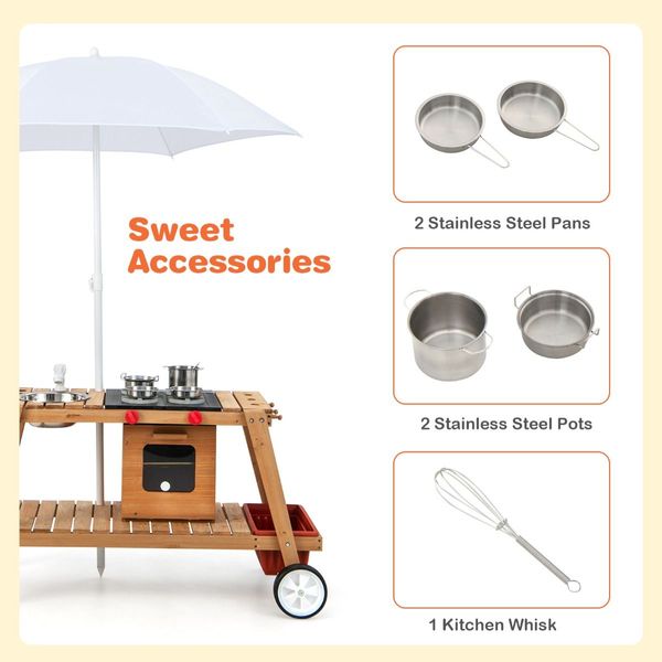 Outdoor Cooking Set Pretend Trolley wIth Removable Umbrella