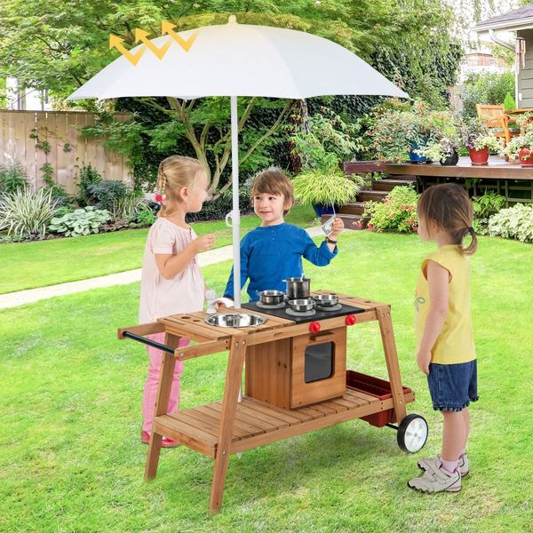 Outdoor Cooking Set Pretend Trolley wIth Removable Umbrella