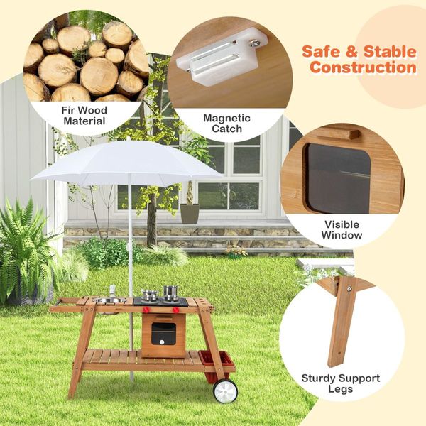 Outdoor Cooking Set Pretend Trolley wIth Removable Umbrella