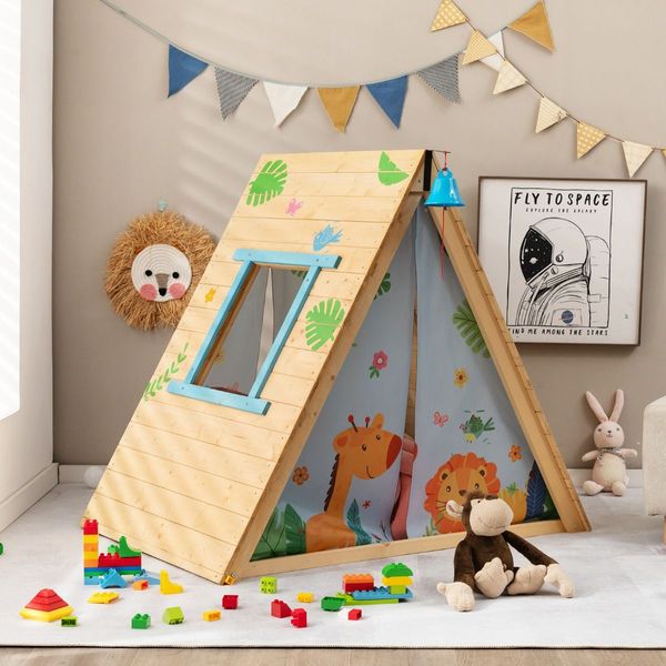 2-in-1 Kids Play Tent with Wooden Climbing Triangle