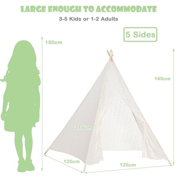 5-Side Lace Teepee Tent with Colorful Light Strings for Children & Adults