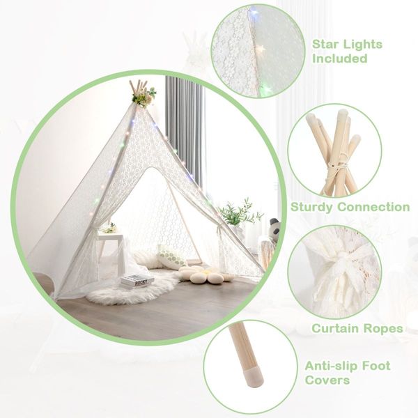 5-Side Lace Teepee Tent with Colorful Light Strings for Children & Adults