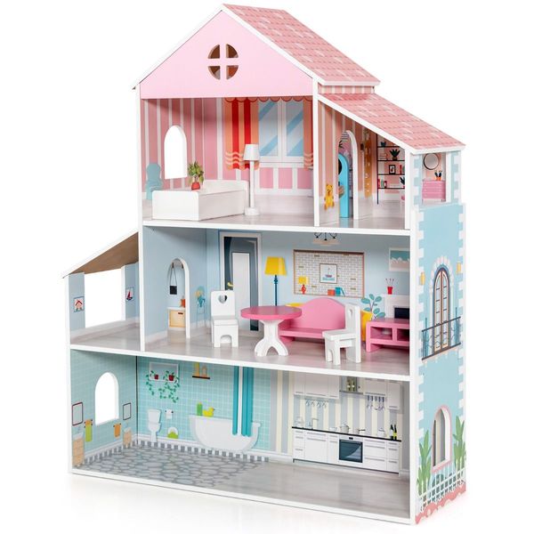 Wooden Pretend Play Doll House with Fully-Furnished Design