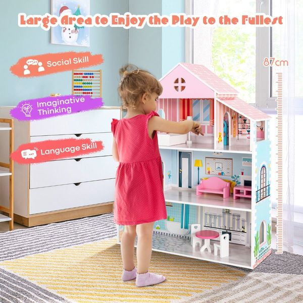 Wooden Pretend Play Doll House with Fully-Furnished Design