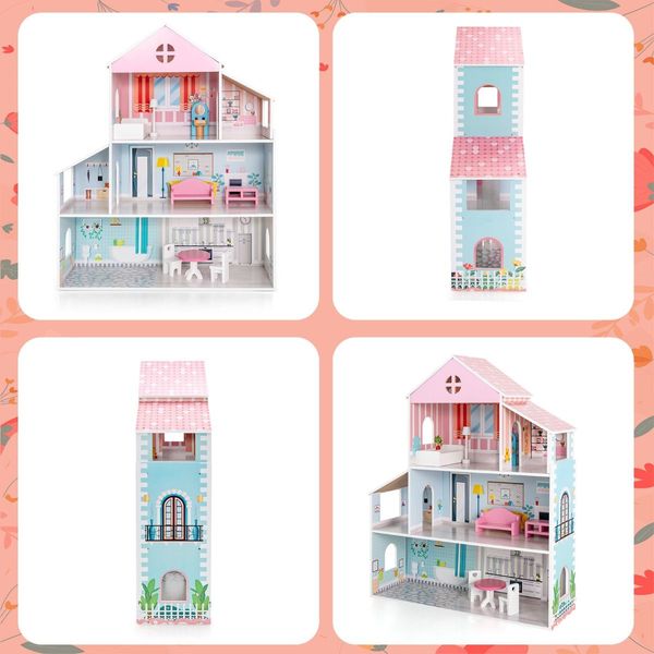 Wooden Pretend Play Doll House with Fully-Furnished Design