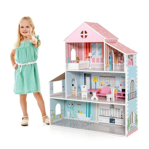 Wooden Pretend Play Doll House with Fully-Furnished Design