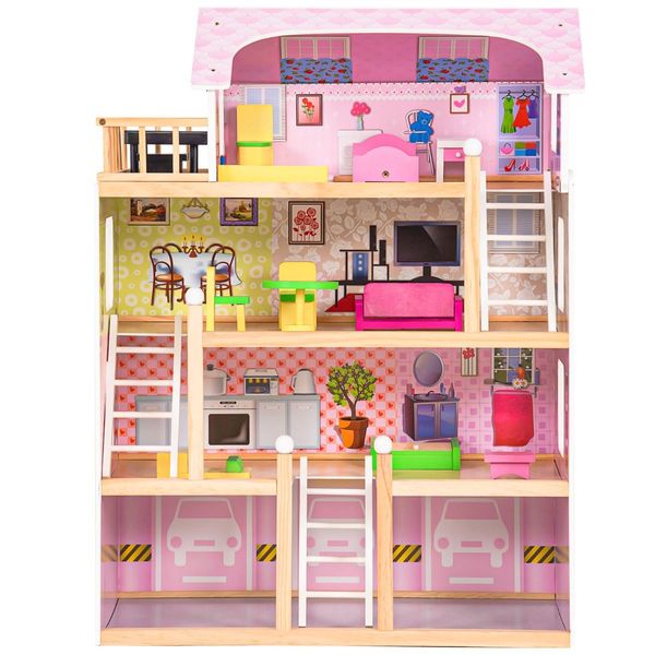 4-Story Wooden Doll House with 13 Pieces Furniture & Accessories for Kids