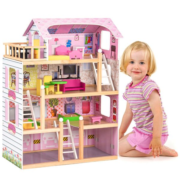 4-Story Wooden Doll House with 13 Pieces Furniture & Accessories for Kids