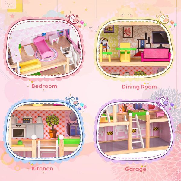 4-Story Wooden Doll House with 13 Pieces Furniture & Accessories for Kids