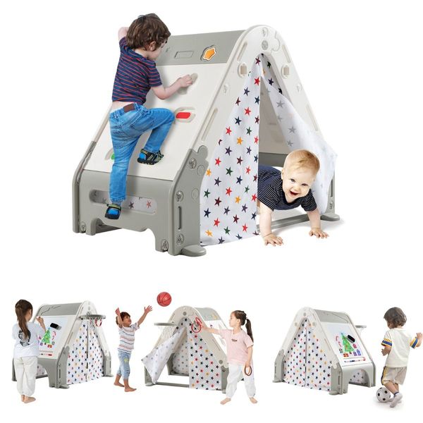 Kid's Triangle Climber with Tent Cover & White Board & Basketball Hoop & Soccer Gate