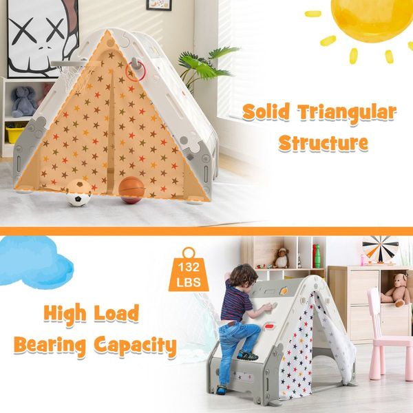 Kid's Triangle Climber with Tent Cover & White Board & Basketball Hoop & Soccer Gate