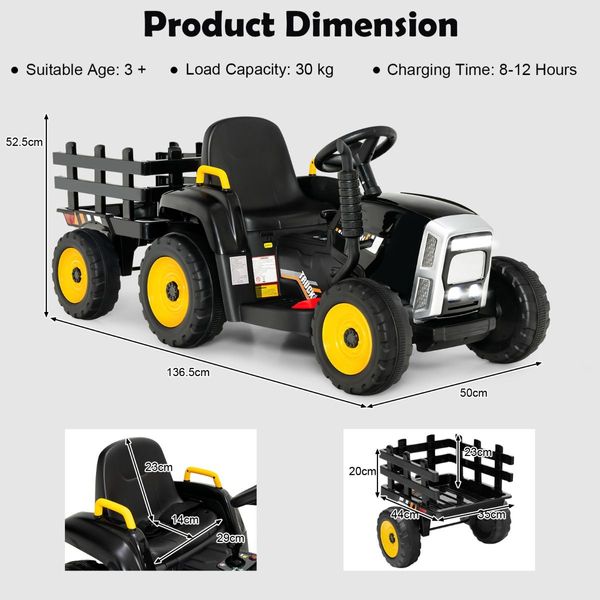 12V Ride On Tractor with Trailer and Remote Control for Kids