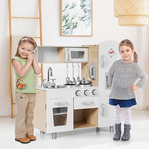 Wooden Pretend Cooking Food Playset with Water Dispenser for Kids