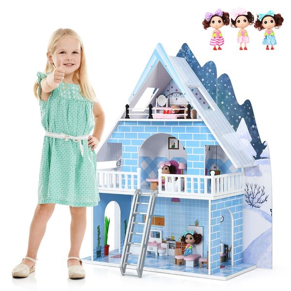 Wooden Dollhouse Playset with 15 Pieces Furniture for Kids