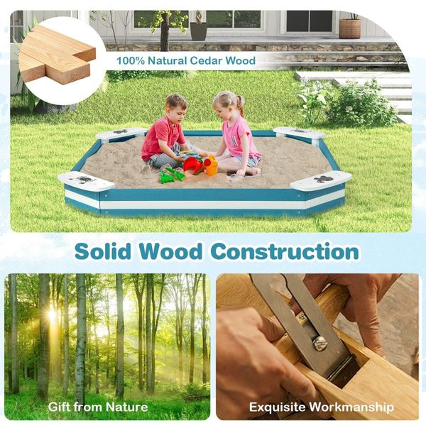 Kids Wooden Sandbox with 4 Corner Seats for Kids Aged 3+